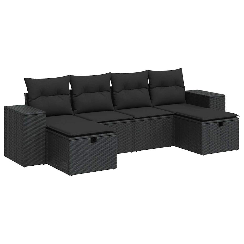 Salon de jardin 6 pcs avec coussins noir résine tressée