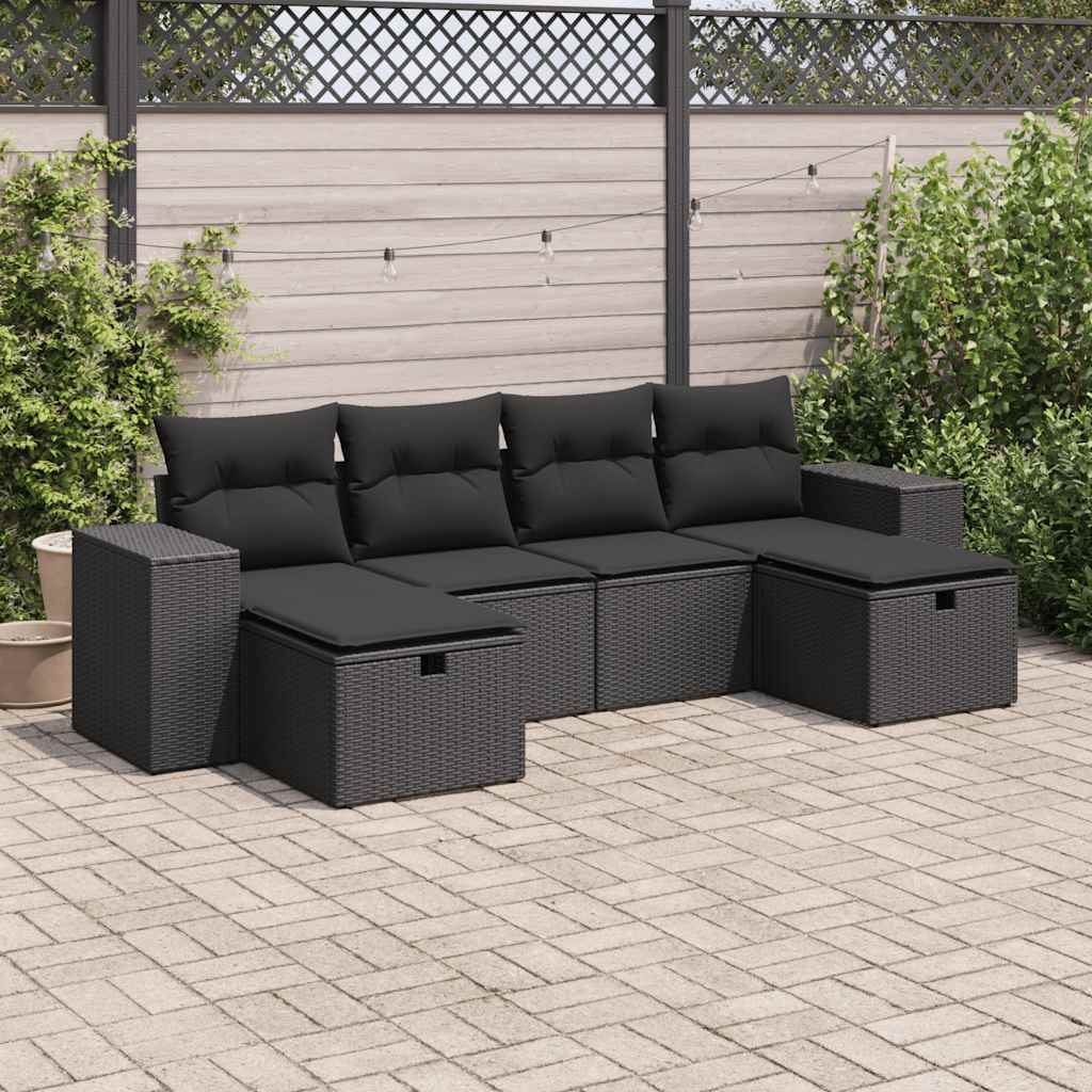 Salon de jardin 6 pcs avec coussins noir résine tressée