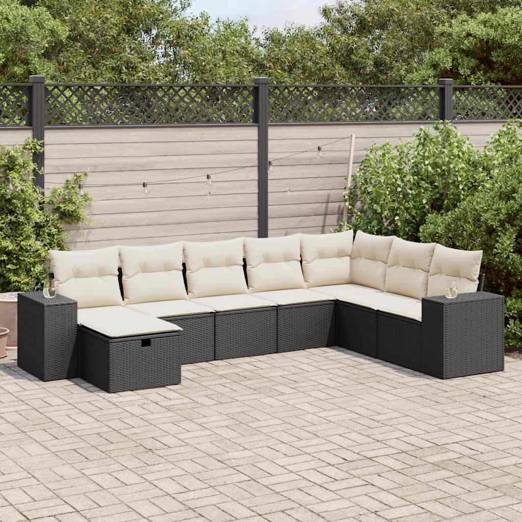 Salon de jardin 8 pcs avec coussins noir résine tressée