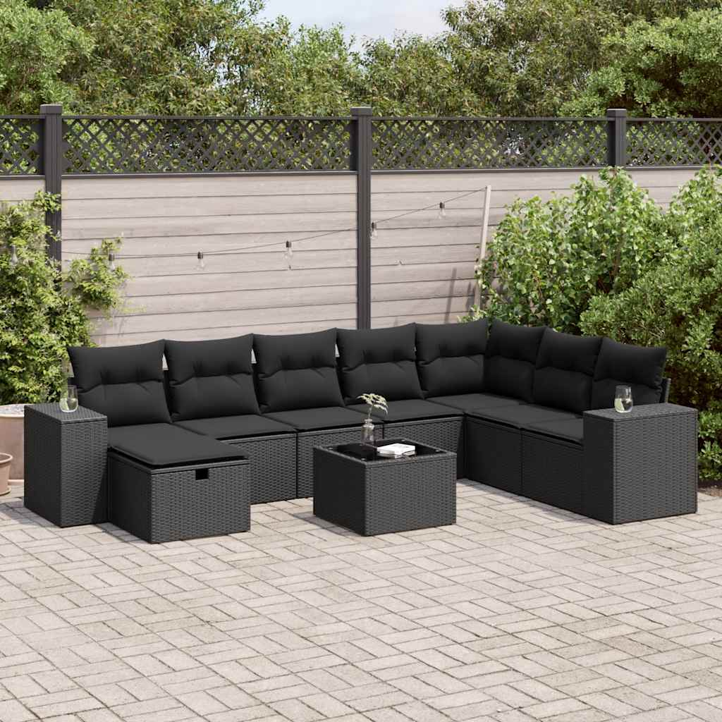 Salon de jardin 9 pcs avec coussins noir résine tressée