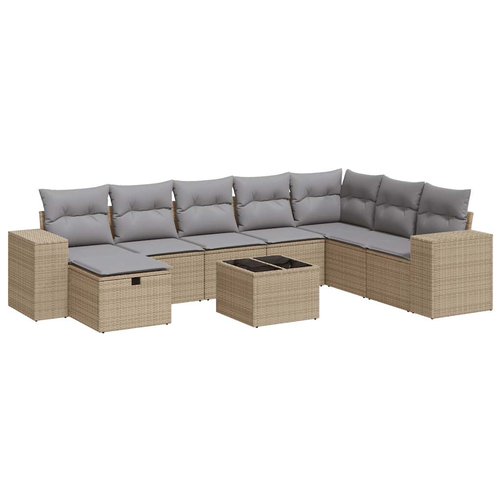 Salon de jardin avec coussins 9 pcs beige résine tressée