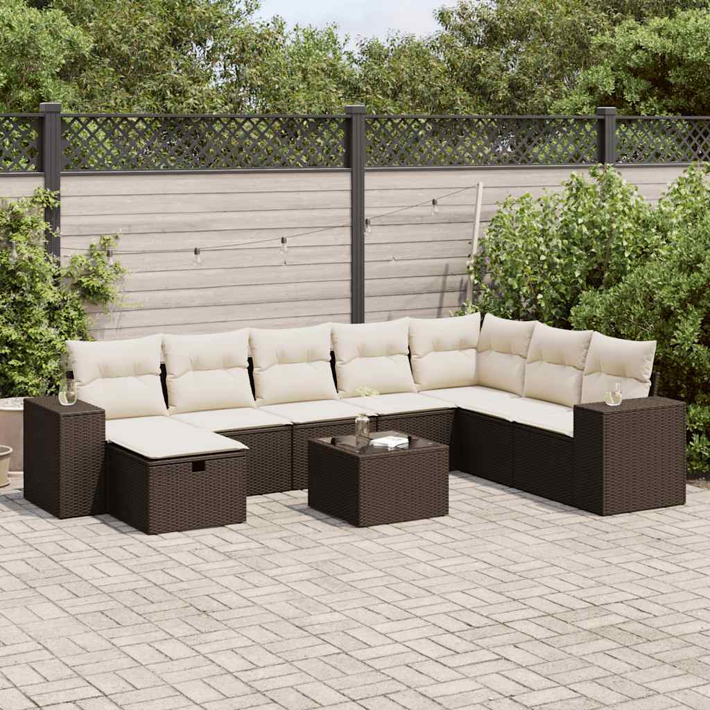 Salon de jardin avec coussins 9 pcs marron résine tressée