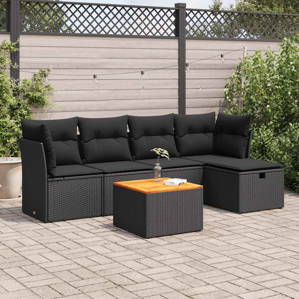 Salon de jardin 6 pcs avec coussins noir résine tressée