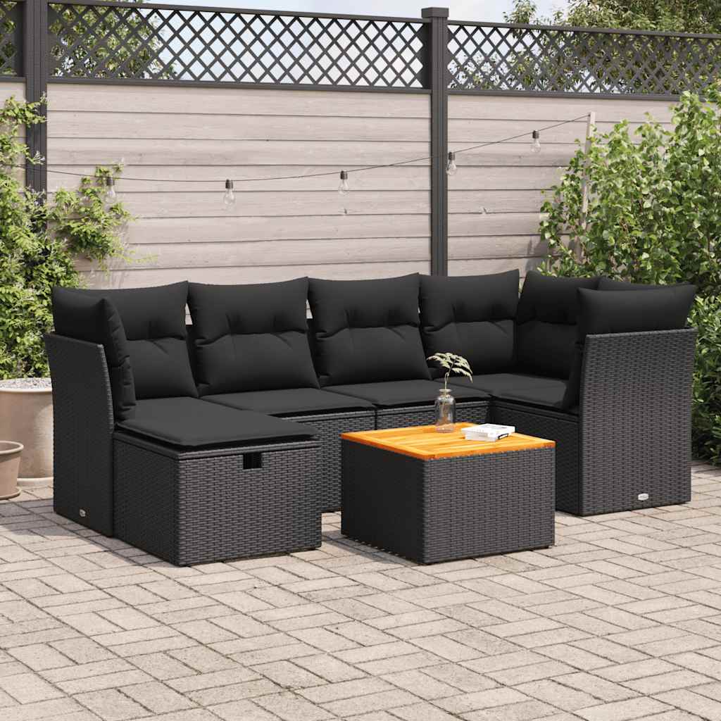 Salon de jardin 7 pcs avec coussins noir résine tressée