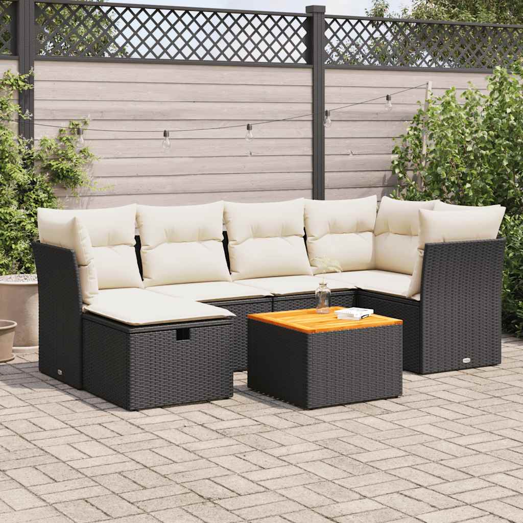 Salon de jardin 7 pcs avec coussins noir résine tressée