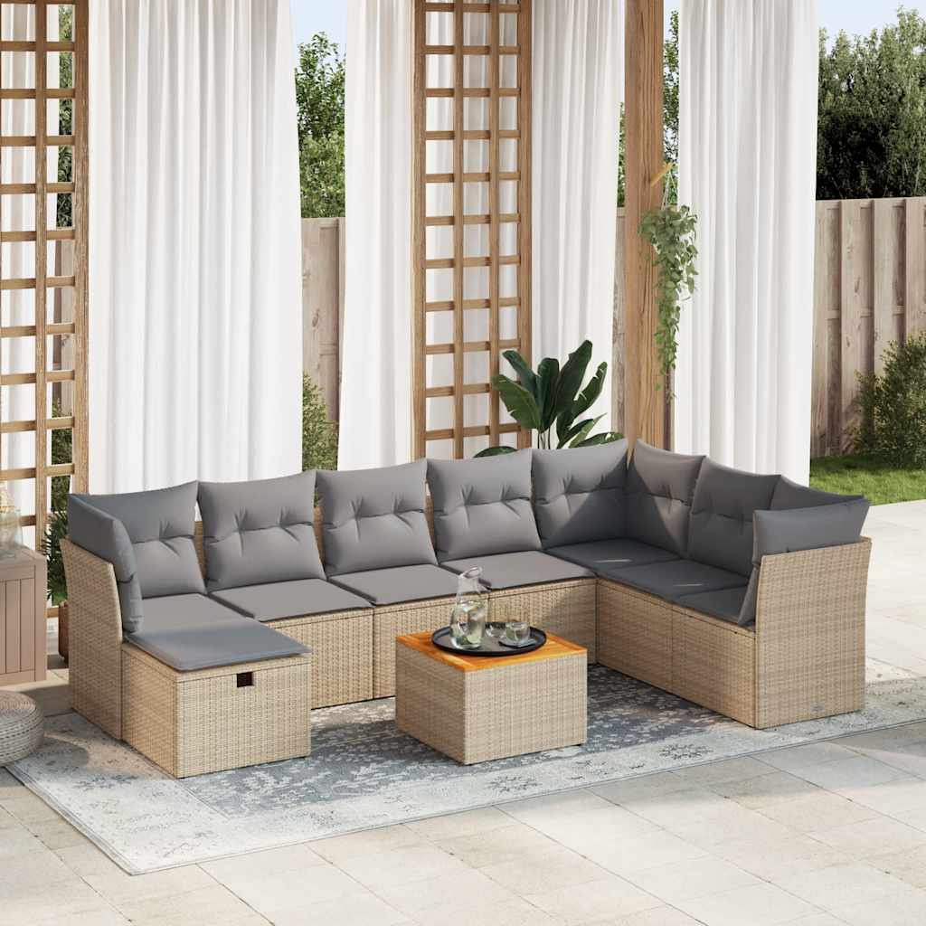 Salon de jardin avec coussins 9 pcs beige résine tressée