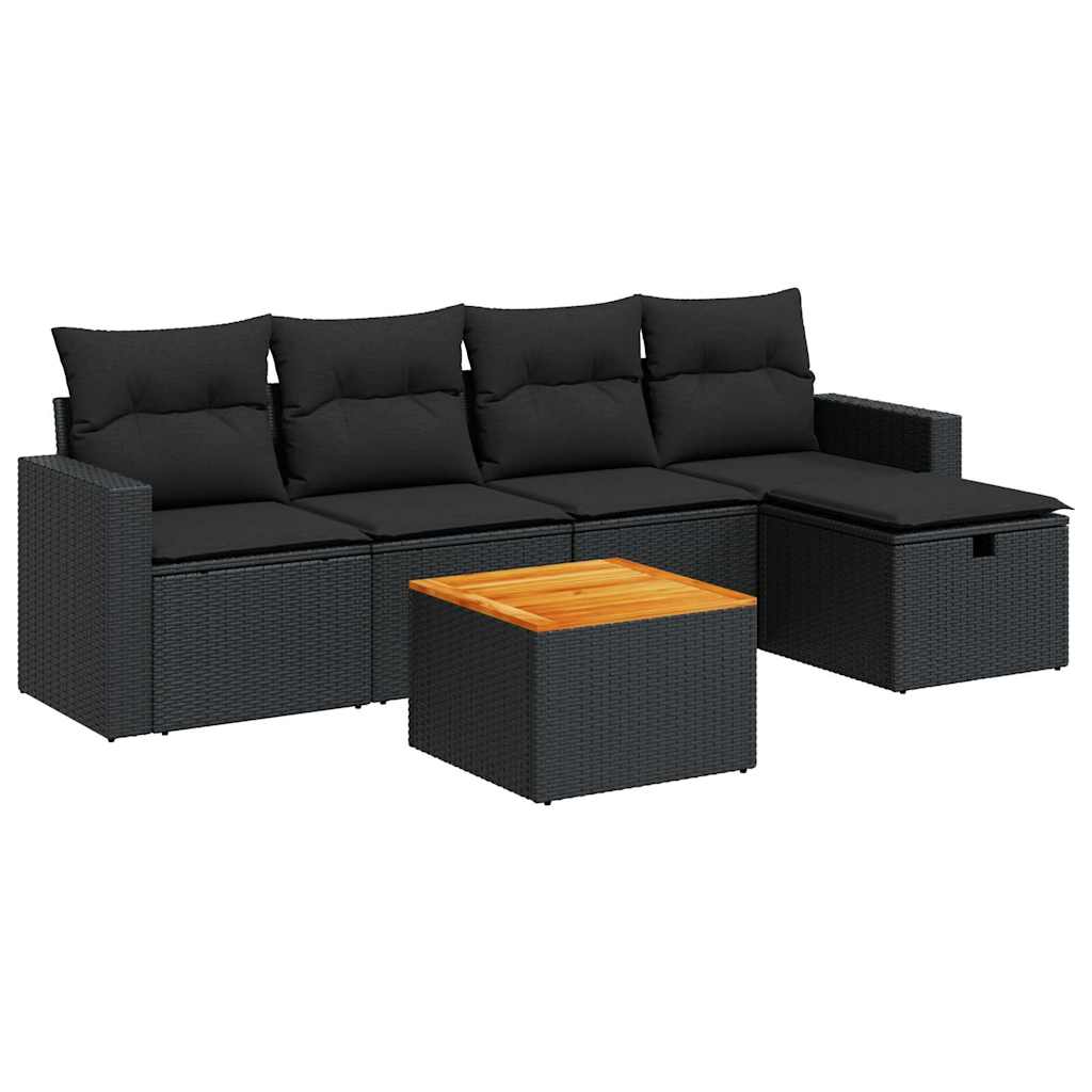 Salon de jardin 6 pcs avec coussins noir résine tressée