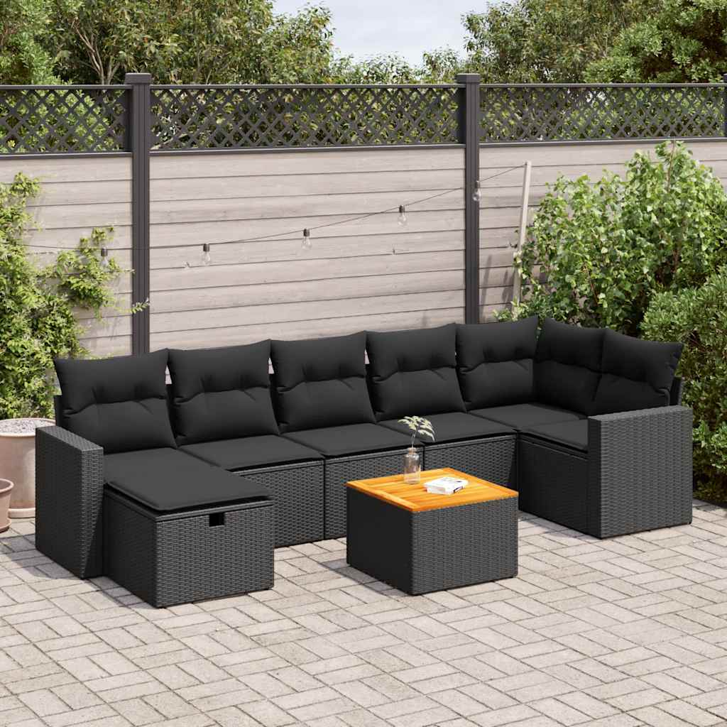 Salon de jardin 8 pcs avec coussins noir résine tressée