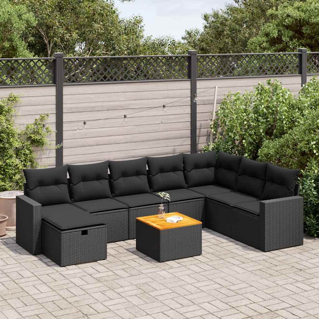 Salon de jardin 9 pcs avec coussins noir résine tressée