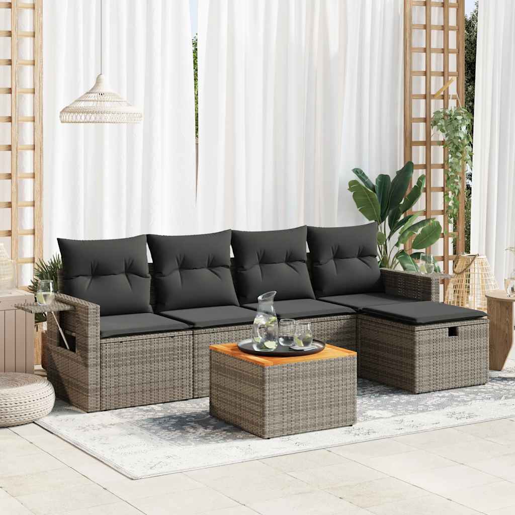 Salon de jardin 6 pcs avec coussins gris résine tressée