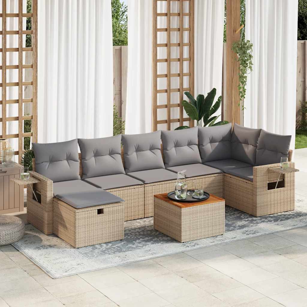 Salon de jardin avec coussins 8 pcs beige résine tressée