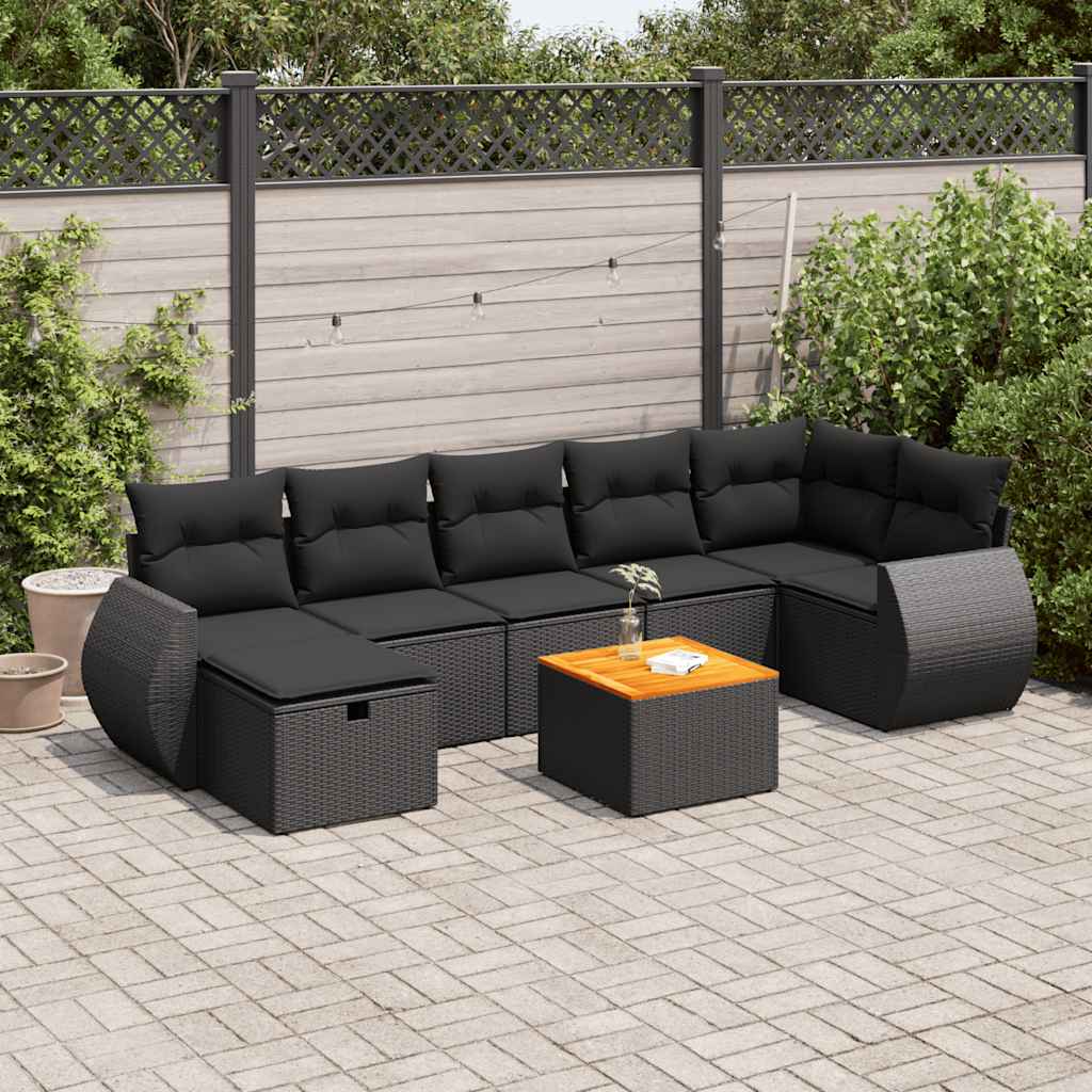 Salon de jardin 8 pcs avec coussins noir résine tressée