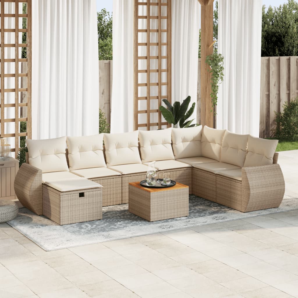 Salon de jardin avec coussins 9 pcs beige résine tressée