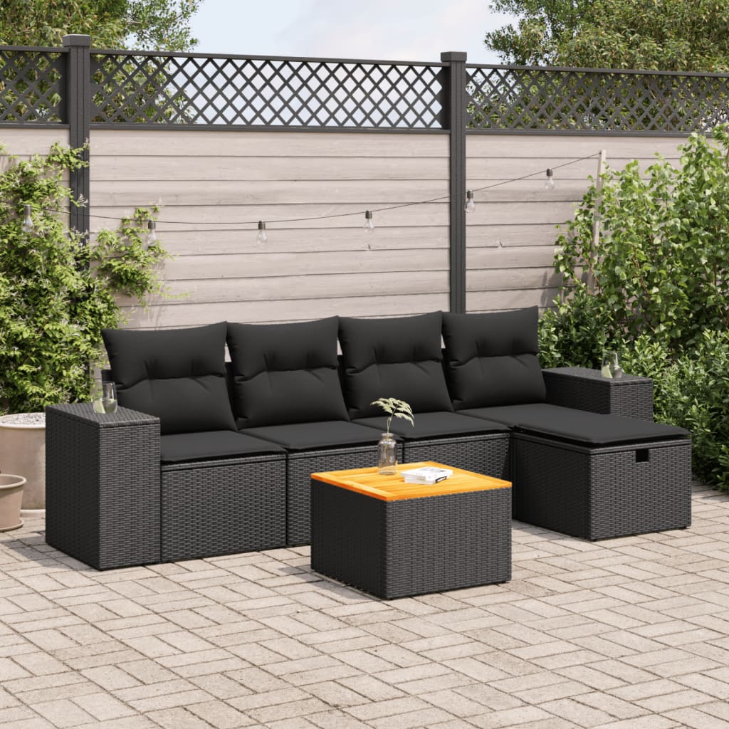 Salon de jardin 6 pcs avec coussins noir résine tressée