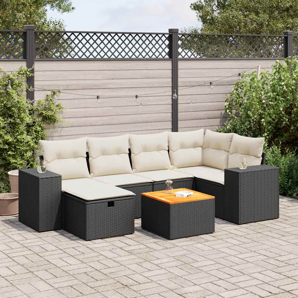 Salon de jardin 7 pcs avec coussins noir résine tressée