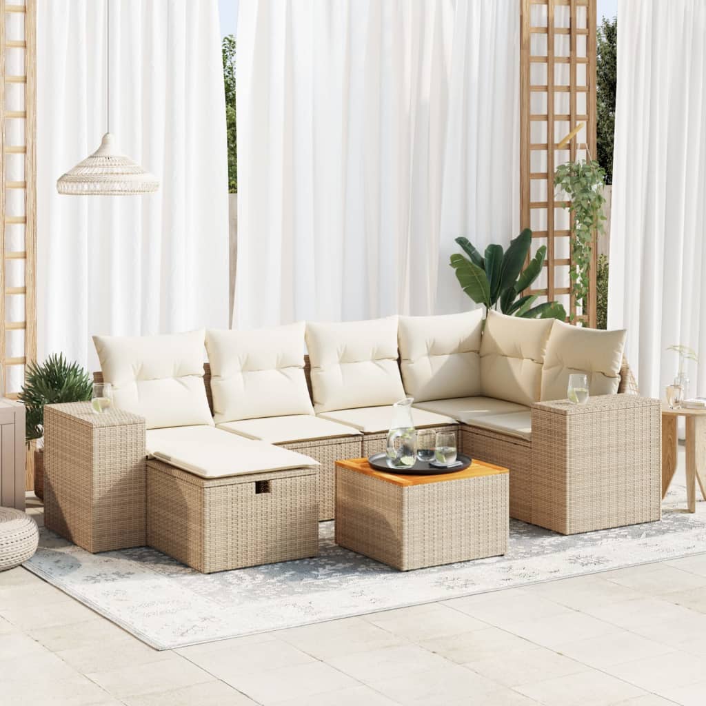 Salon de jardin avec coussins 7 pcs beige résine tressée