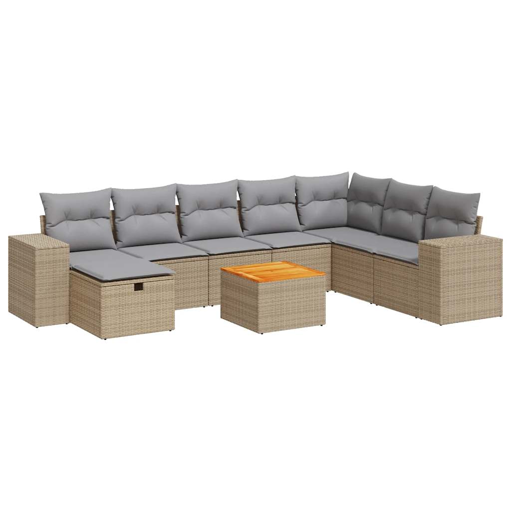 Salon de jardin avec coussins 9 pcs beige résine tressée