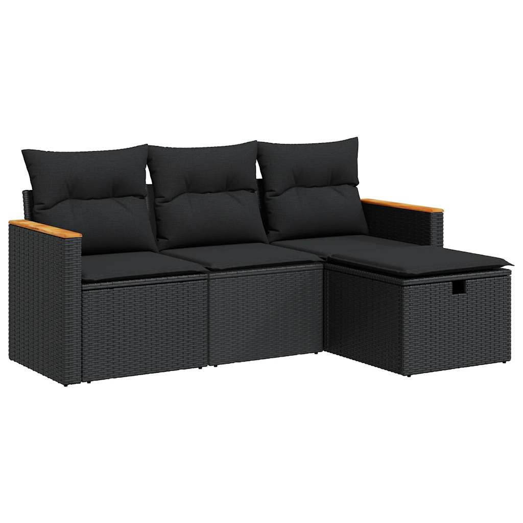 Salon de jardin 4 pcs avec coussins noir résine tressée