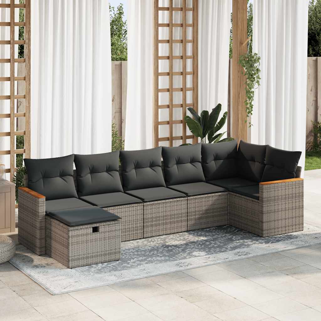 Salon de jardin avec coussins 7 pcs gris résine tressée