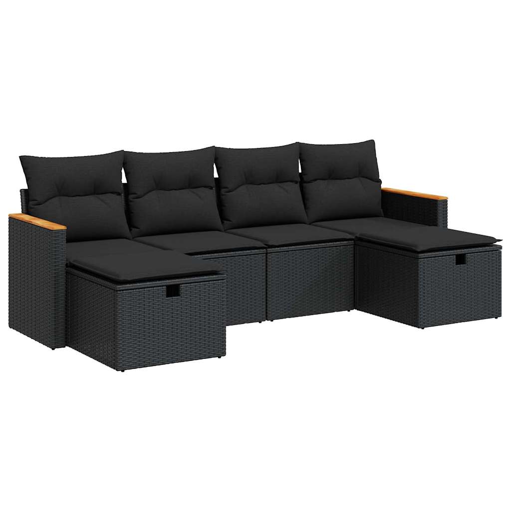 Salon de jardin 6 pcs avec coussins noir résine tressée