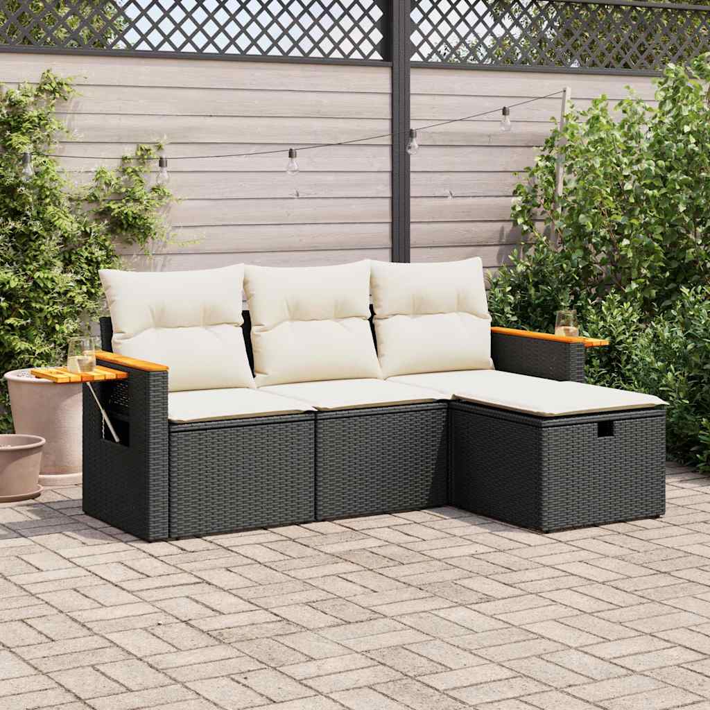 Salon de jardin 4 pcs avec coussins noir résine tressée