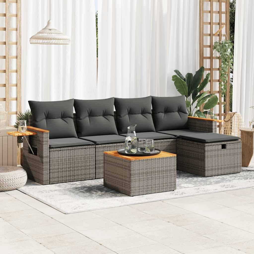 Salon de jardin 6 pcs avec coussins gris résine tressée