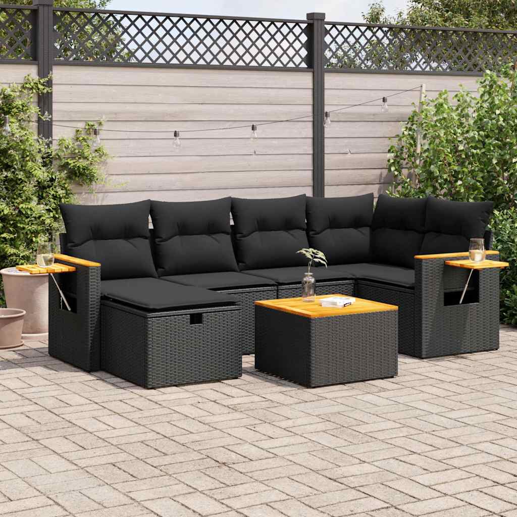 Salon de jardin 7 pcs avec coussins noir résine tressée