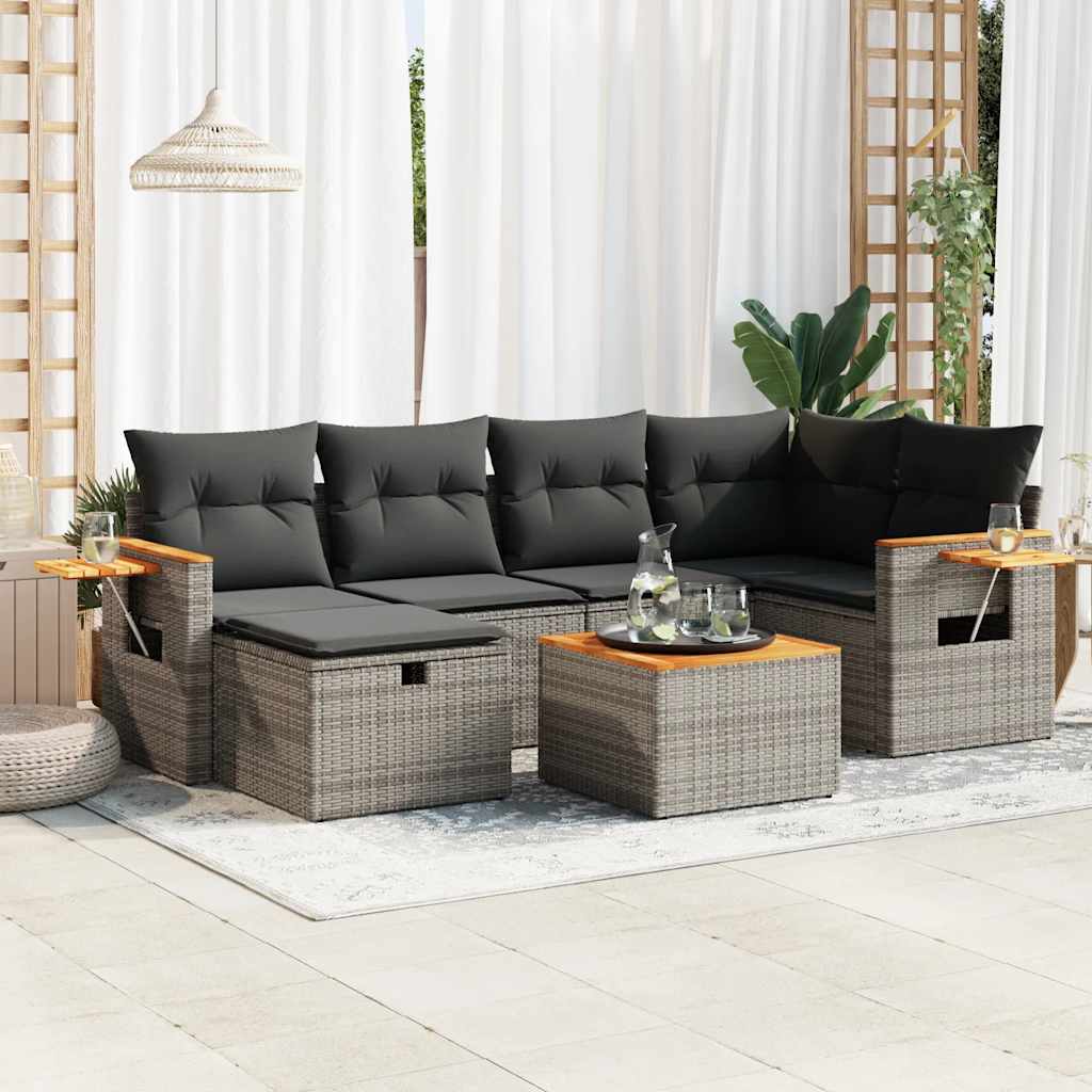 Salon de jardin avec coussins 7 pcs gris résine tressée