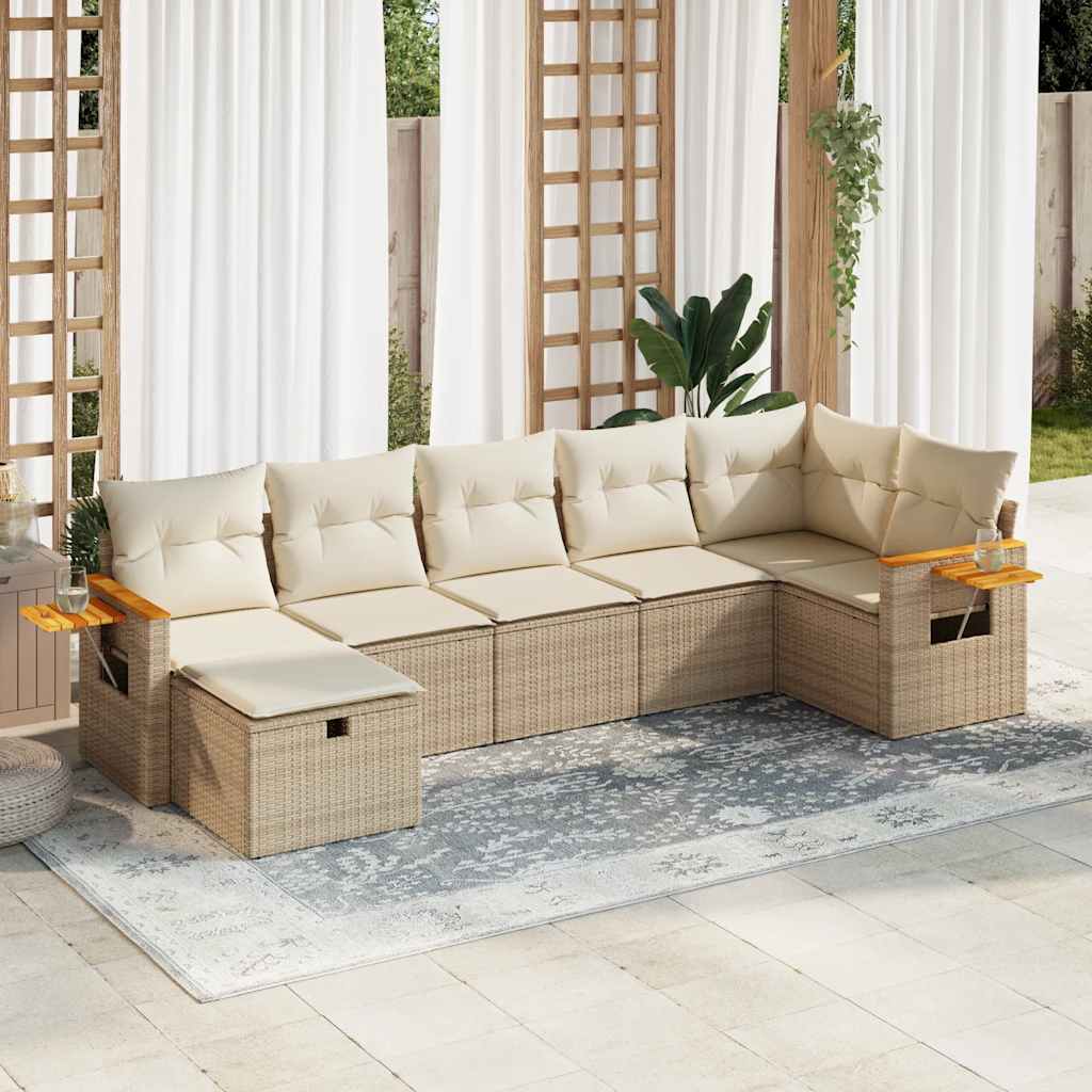 Salon de jardin avec coussins 7 pcs beige résine tressée