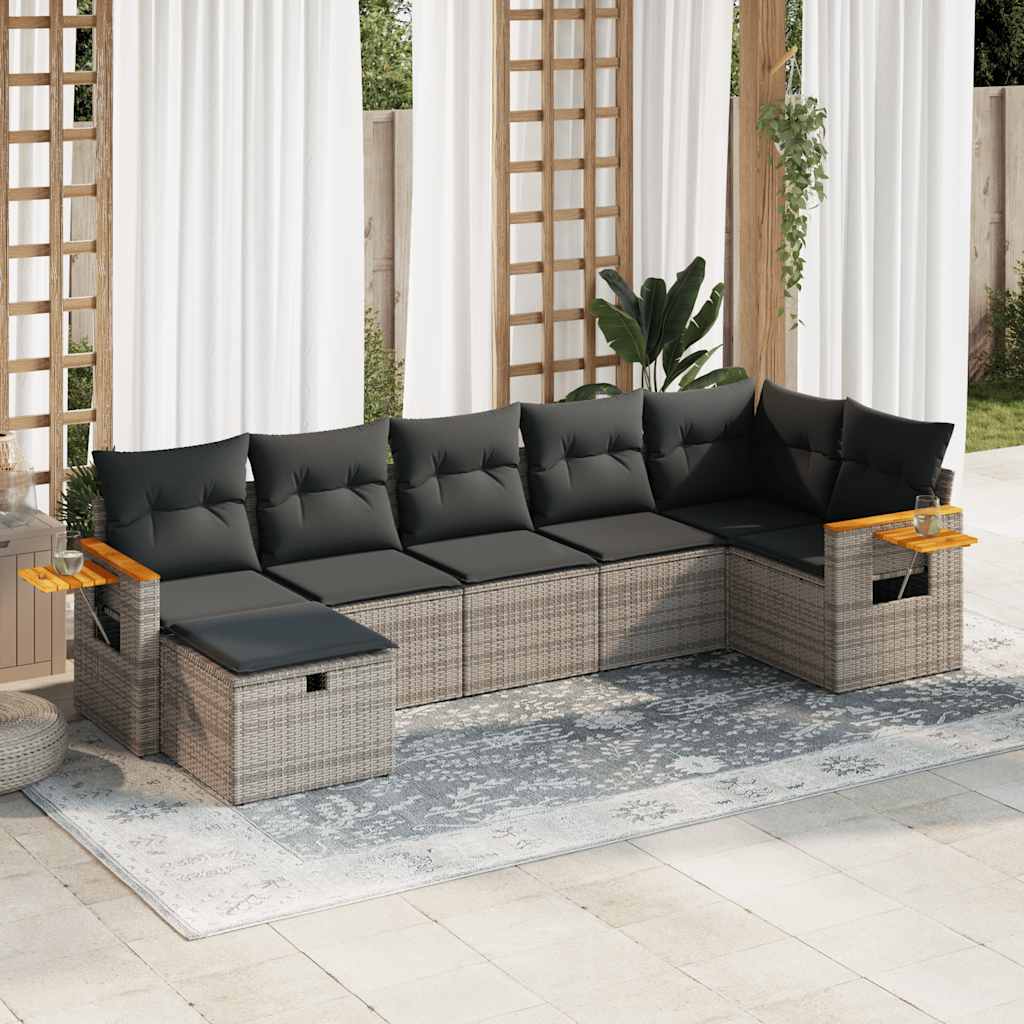 Salon de jardin avec coussins 7 pcs gris résine tressée