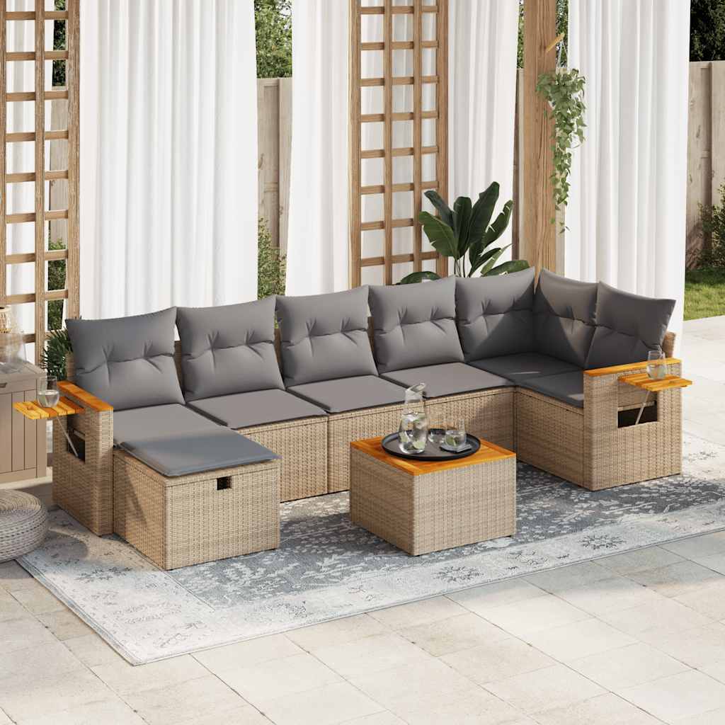 Salon de jardin avec coussins 8 pcs beige résine tressée