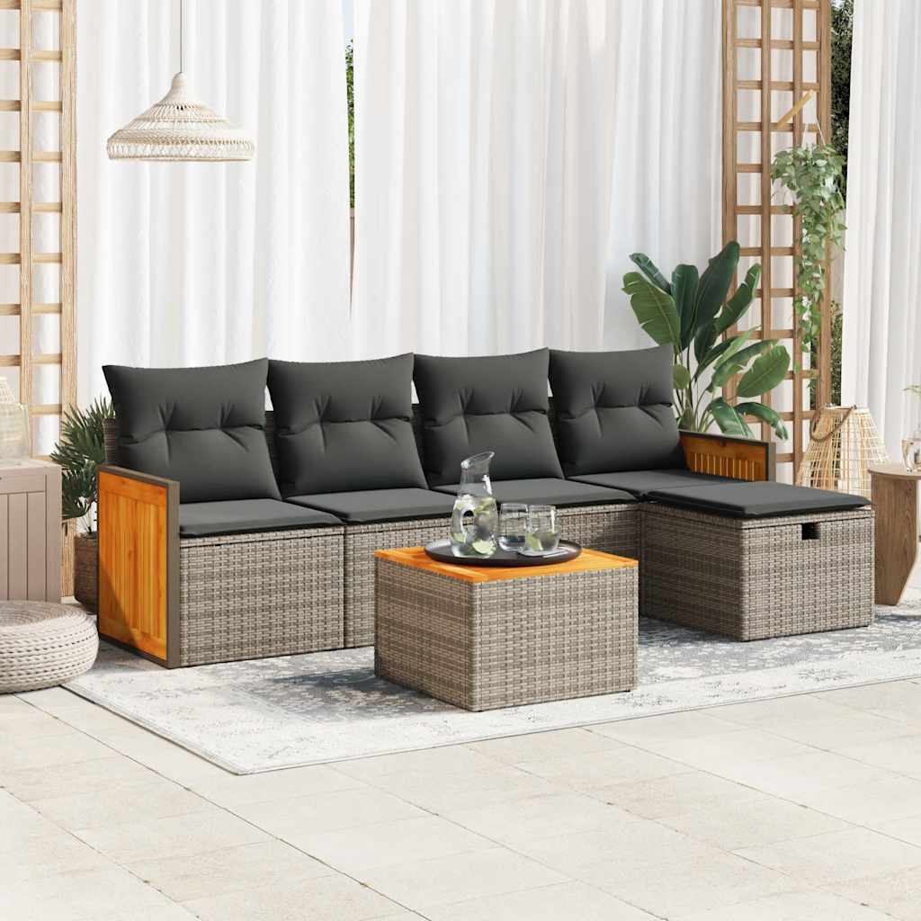 Salon de jardin 6 pcs avec coussins gris résine tressée