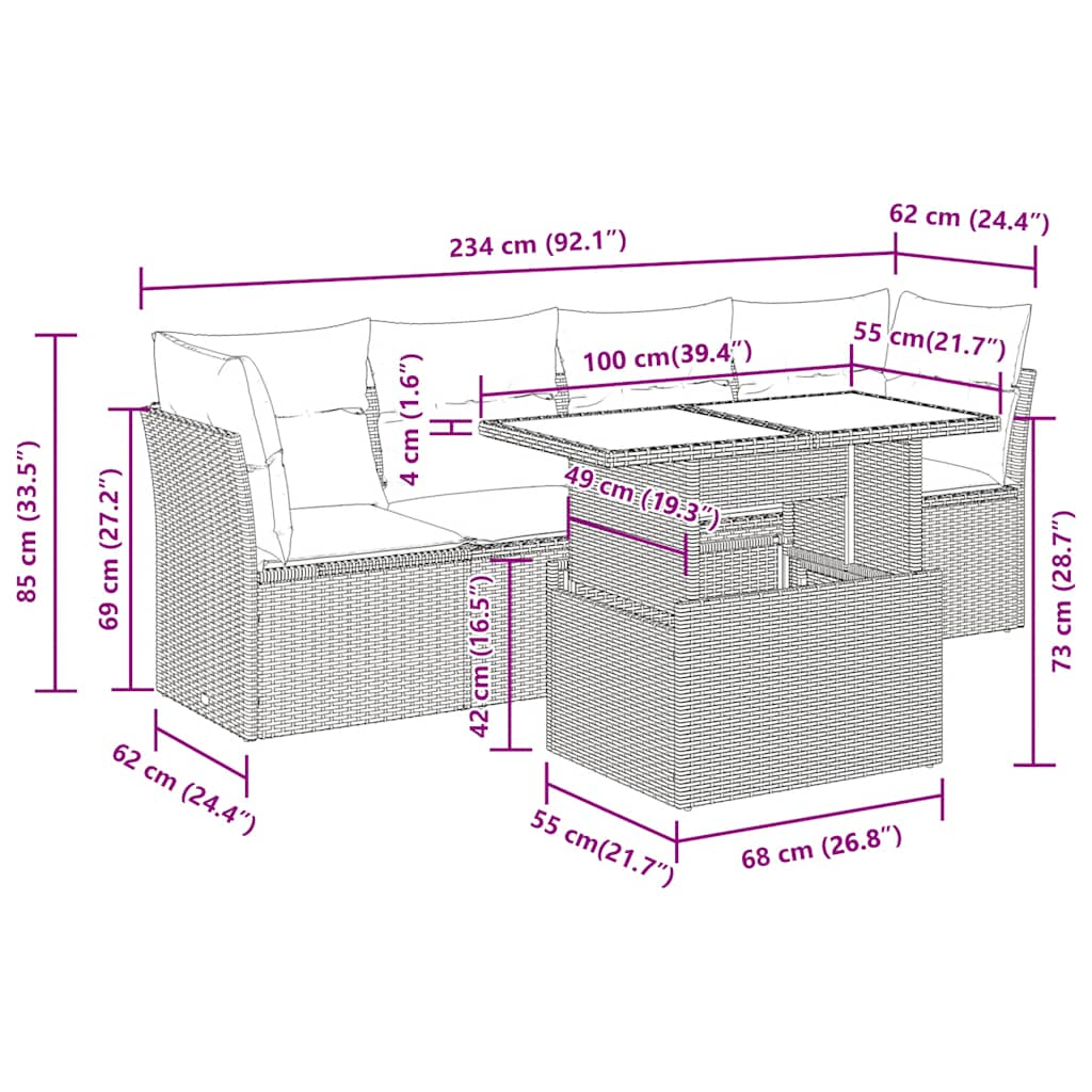 Salon de jardin avec coussins 5 pcs marron résine tressée