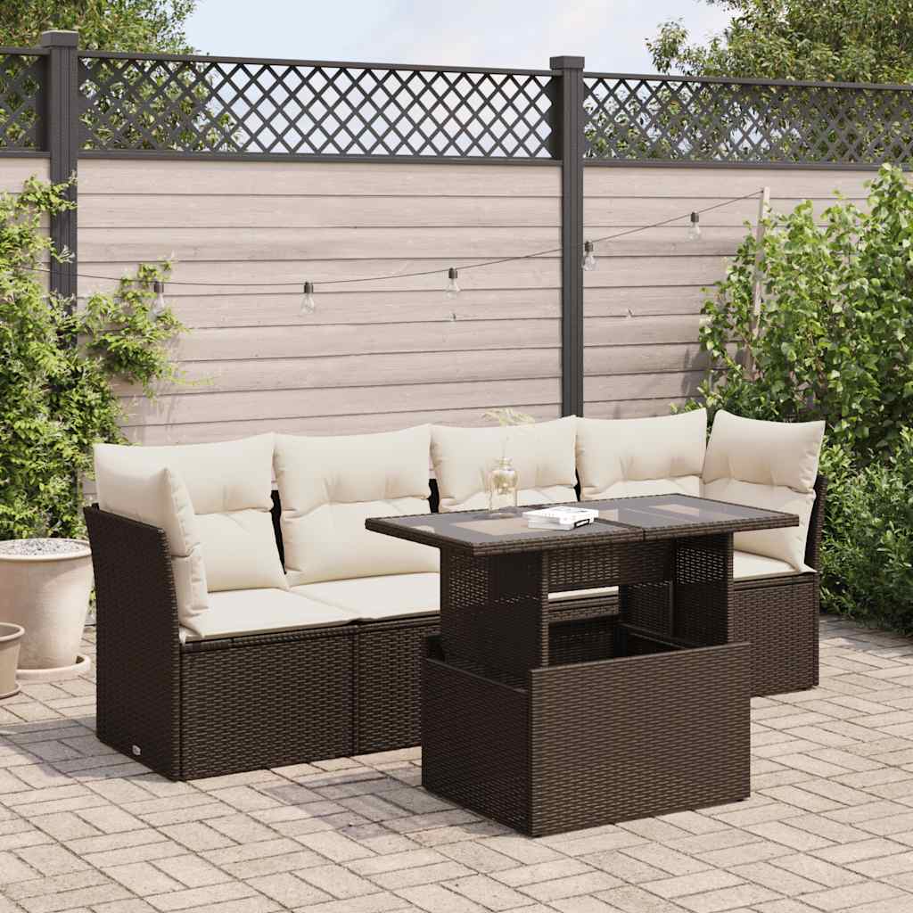 Salon de jardin avec coussins 5 pcs marron résine tressée