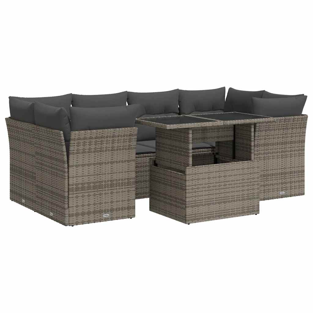 Salon de jardin avec coussins 7 pcs gris résine tressée