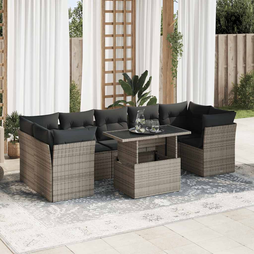 Salon de jardin 8 pcs avec coussins gris résine tressée