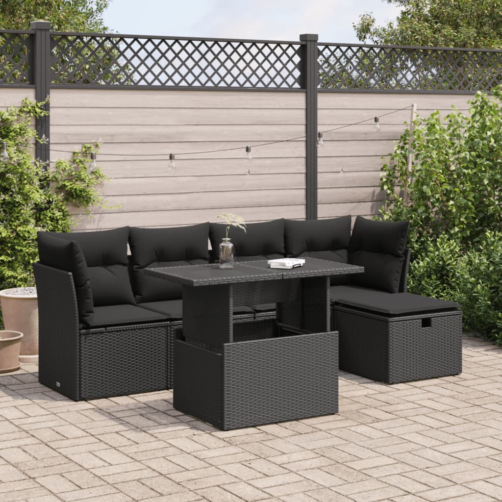 Salon de jardin 6 pcs avec coussins noir résine tressée