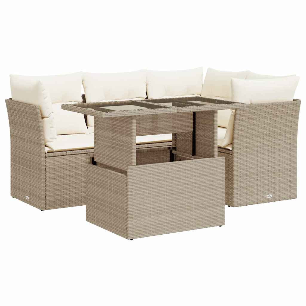 Salon de jardin avec coussins 5 pcs beige résine tressée