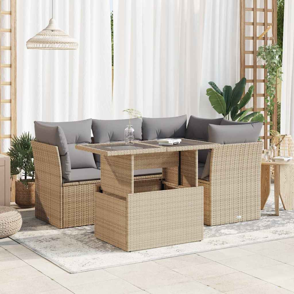 Salon de jardin avec coussins 5 pcs beige résine tressée