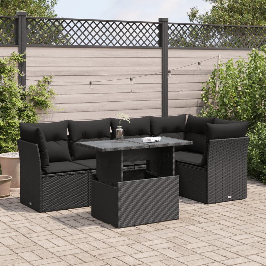 Salon de jardin 6 pcs avec coussins noir résine tressée