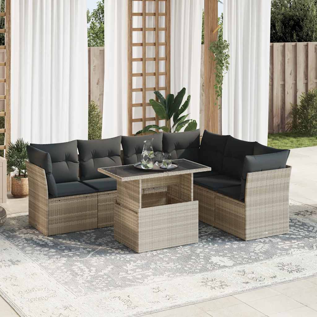 Salon de jardin avec coussins 7 pcs gris clair résine tressée