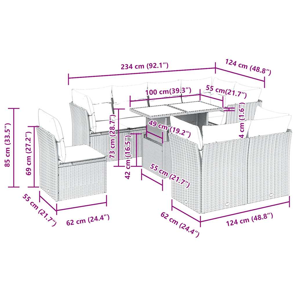 Salon de jardin avec coussins 9 pcs marron résine tressée