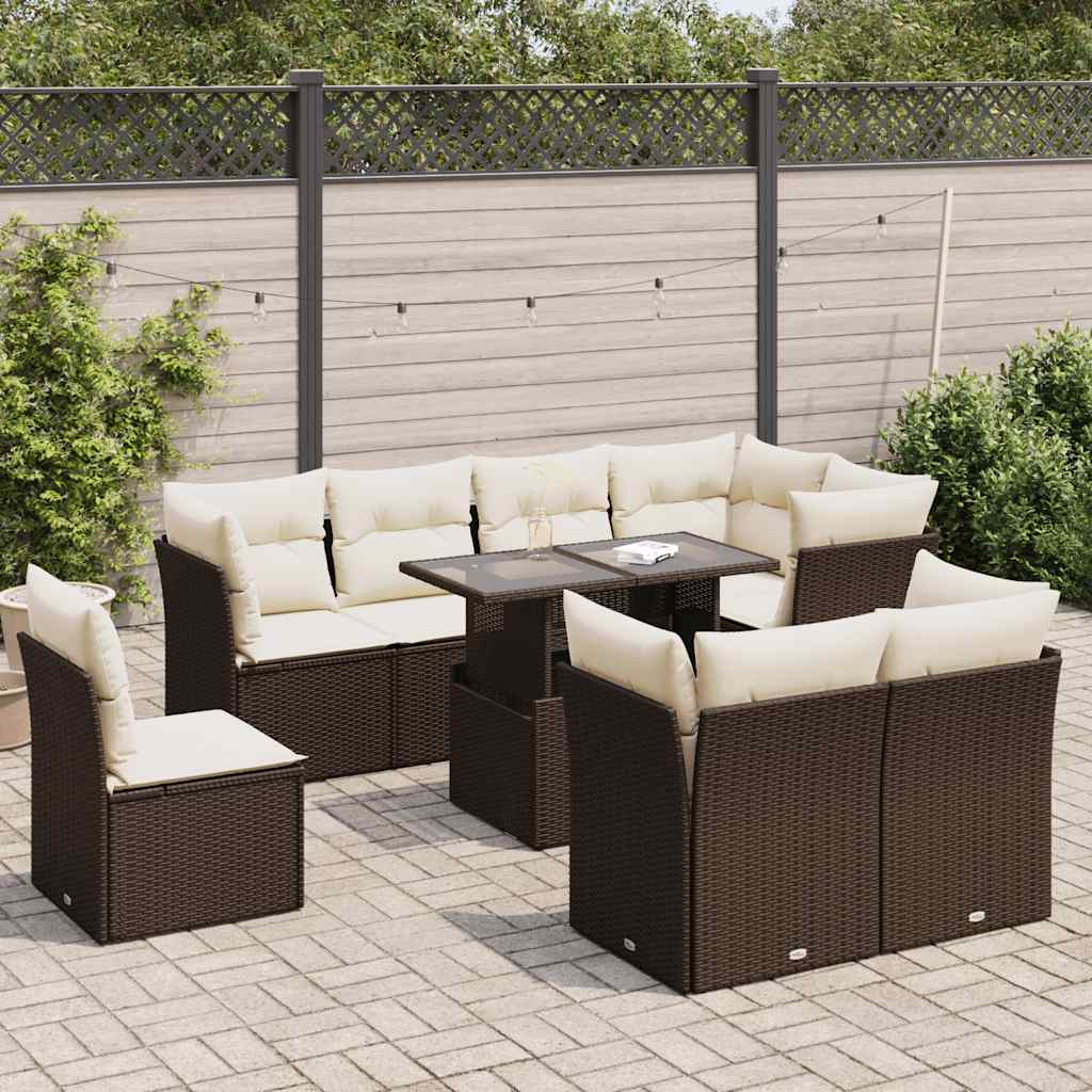 Salon de jardin avec coussins 9 pcs marron résine tressée