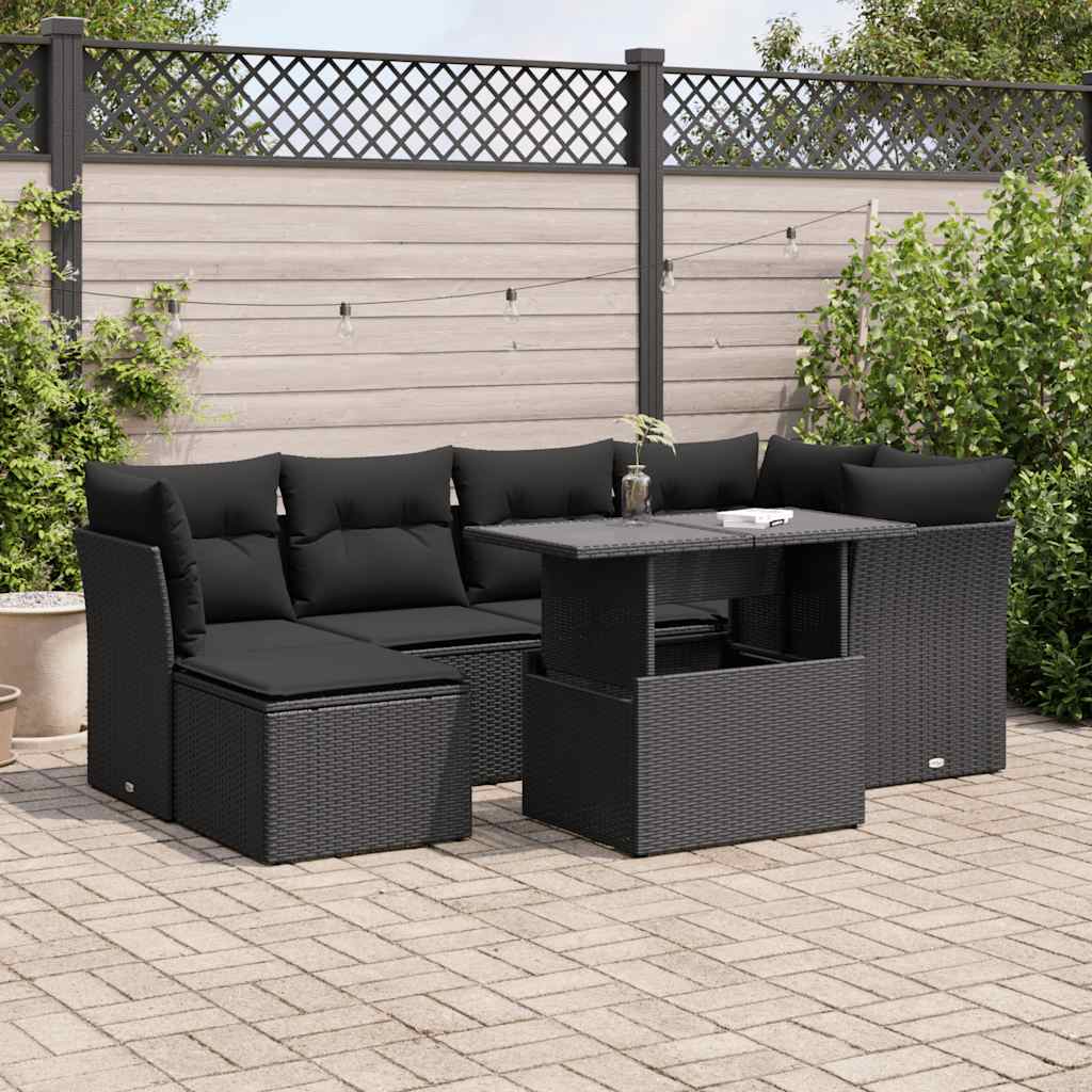 Salon de jardin 7 pcs avec coussins noir résine tressée