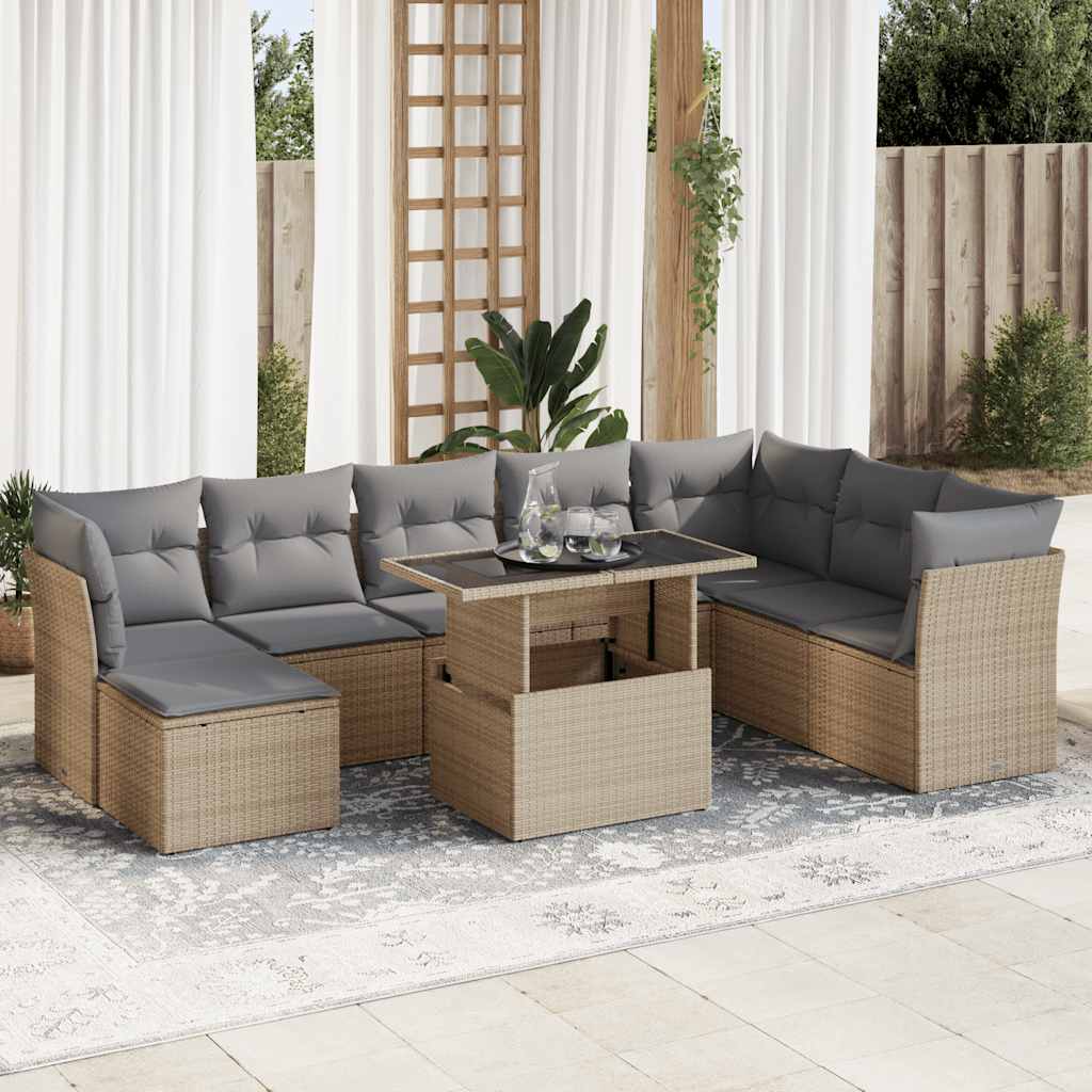 Salon de jardin avec coussins 9 pcs beige résine tressée