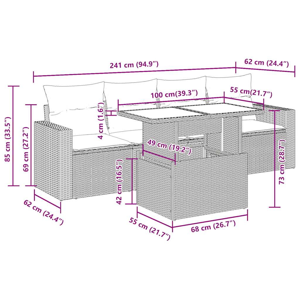 Salon de jardin avec coussins 5 pcs beige résine tressée