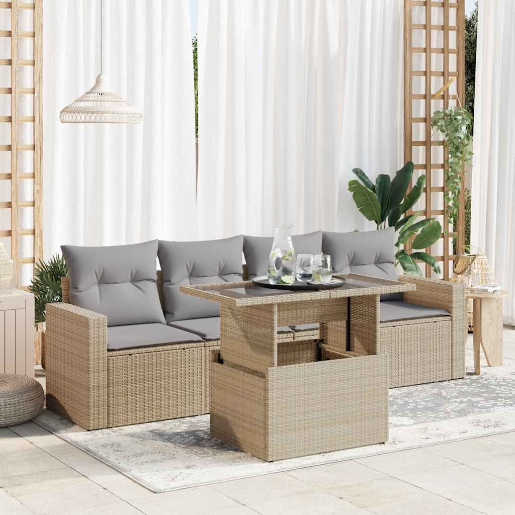 Salon de jardin avec coussins 5 pcs beige résine tressée