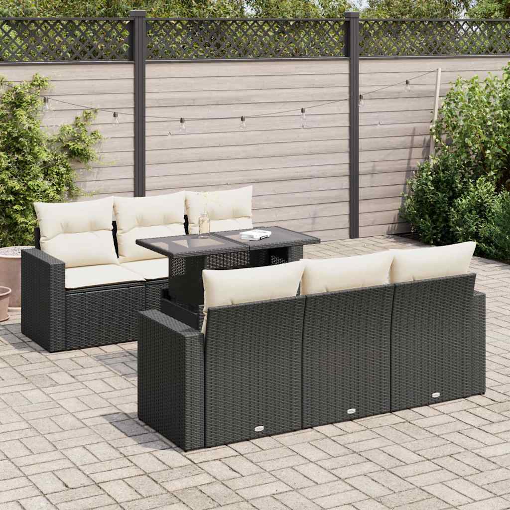 Salon de jardin 7 pcs avec coussins noir résine tressée