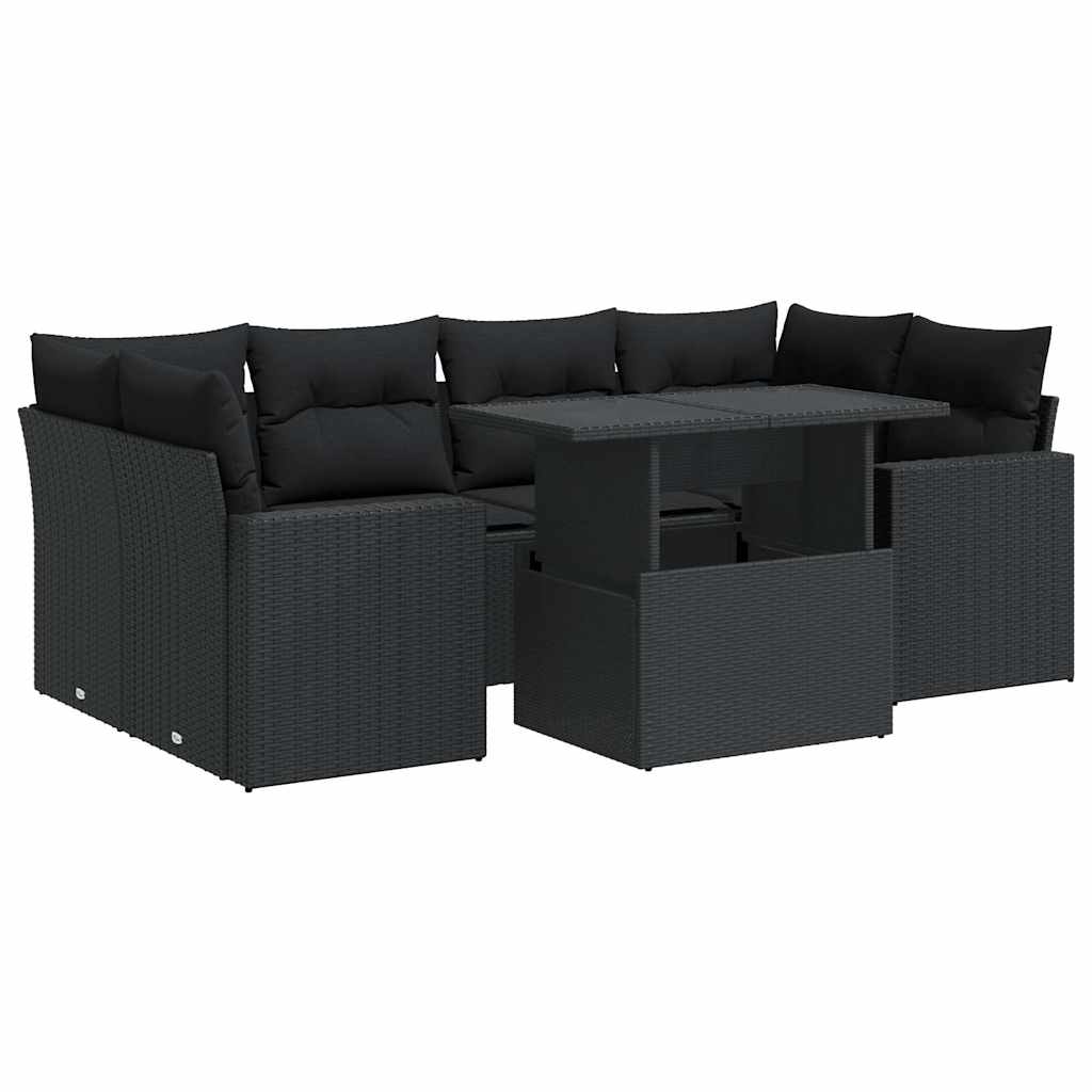 Salon de jardin 7 pcs avec coussins noir résine tressée