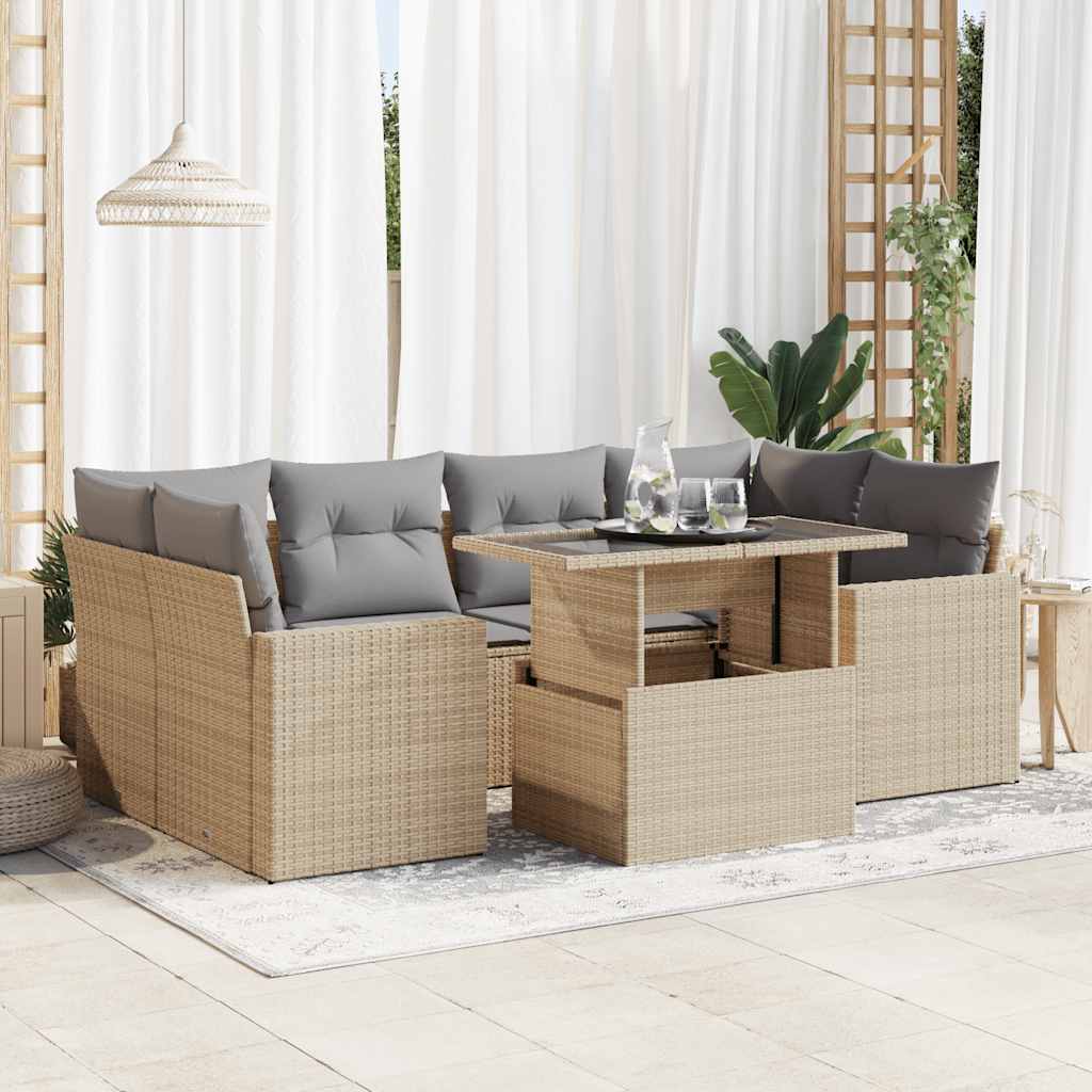 Salon de jardin avec coussins 7 pcs beige résine tressée